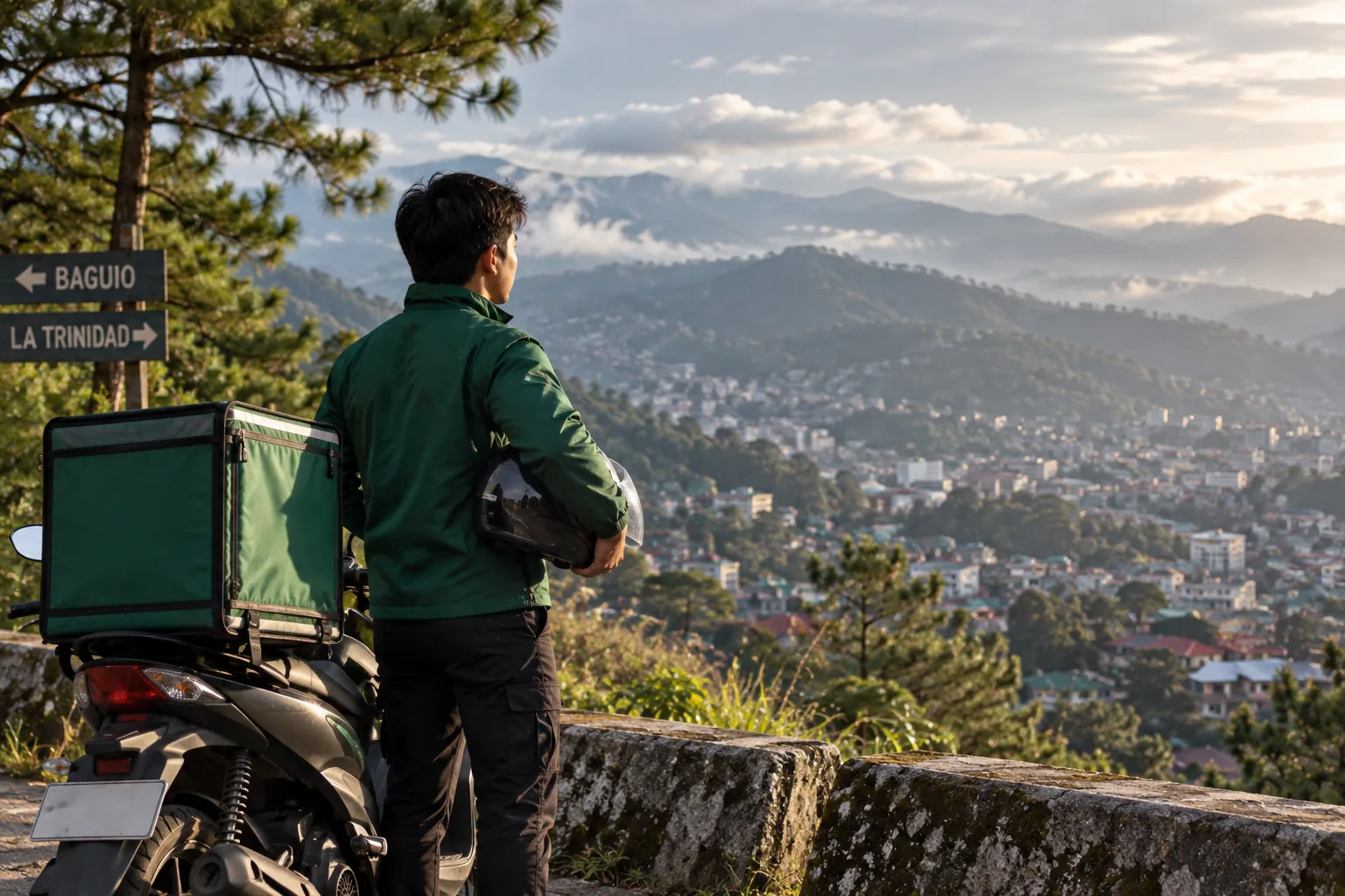 A local delivery rider overlooking Baguio City