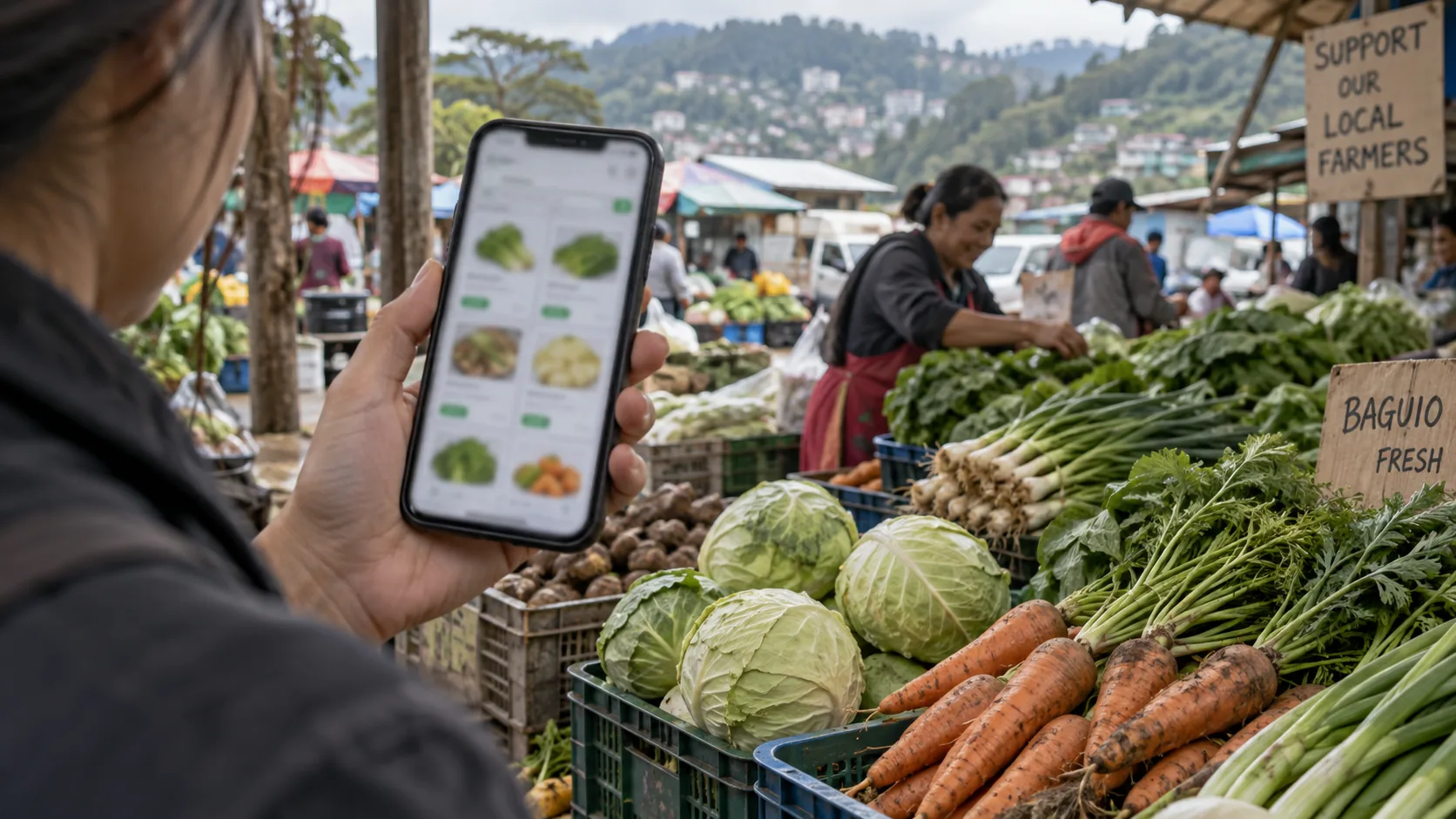 A shopper browsing fresh market produce on a phone in Baguio